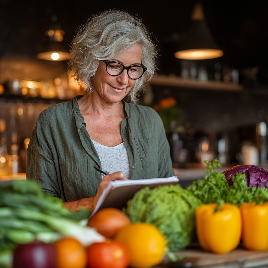 Жінка 52 років планує здорове меню на кухні з fresh продуктами