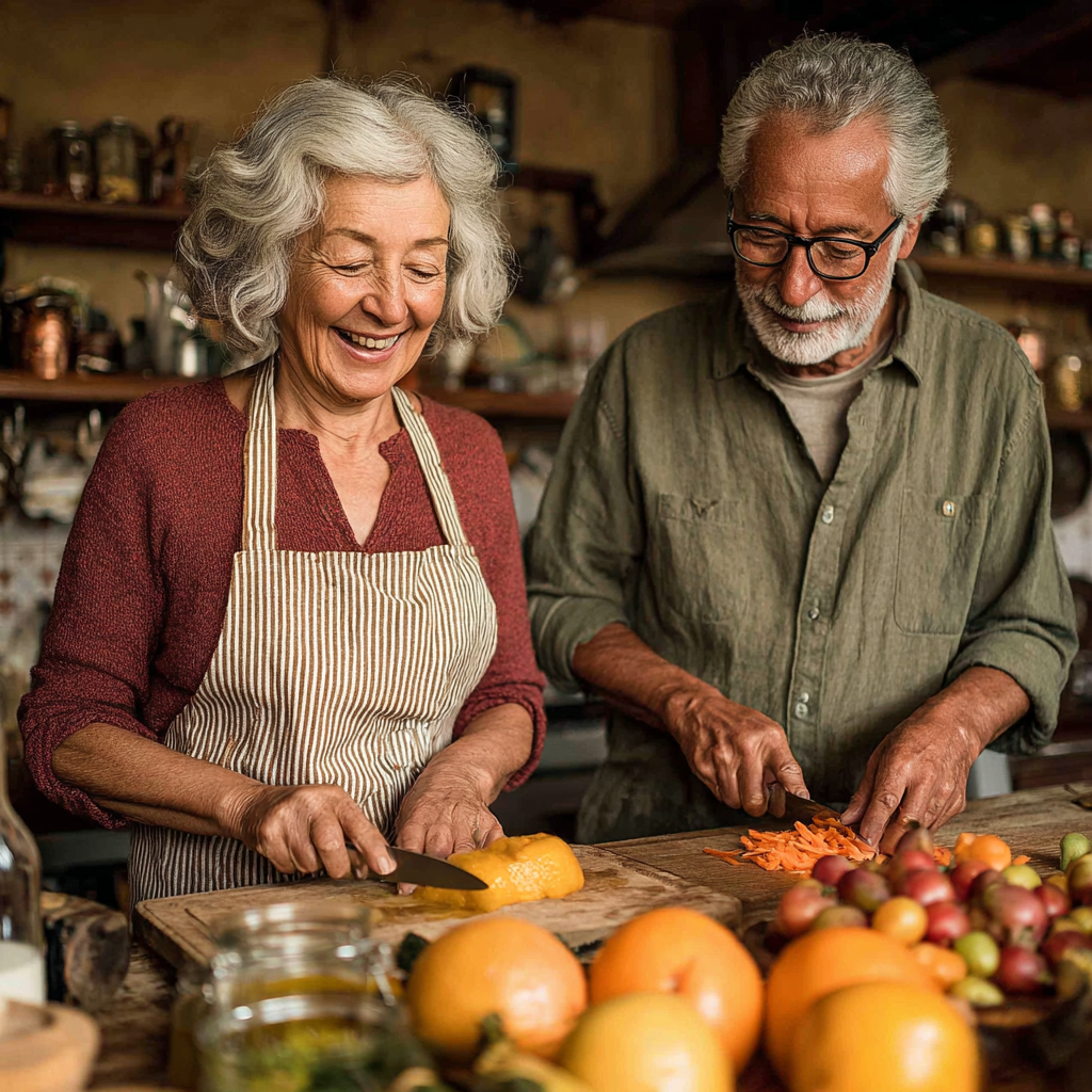 Пара 58 та 60 років готує здорову їжу разом на кухні, посміхаючись